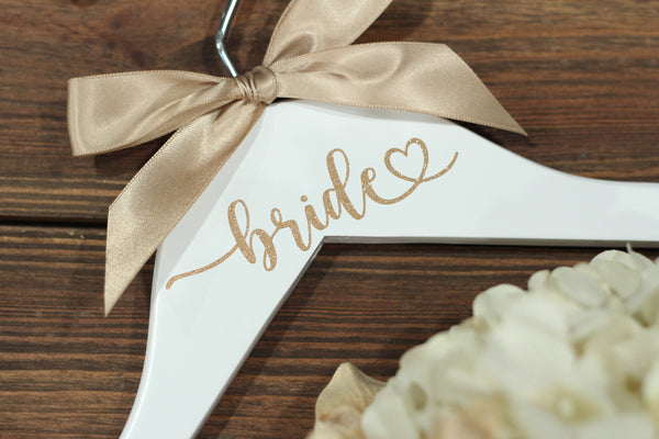 Bride Heart Decal Hanger, Glitter Gold on White
