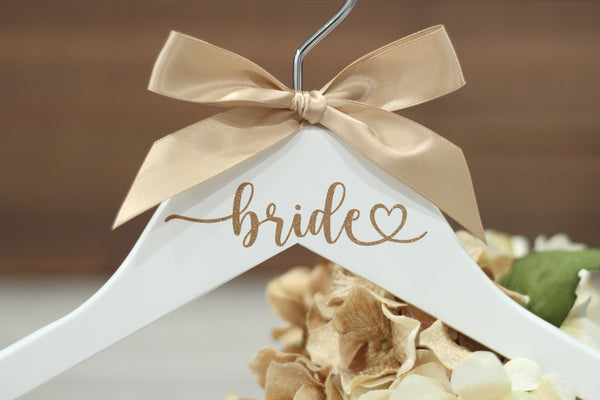 Bride Heart Decal Hanger, Glitter Gold on White