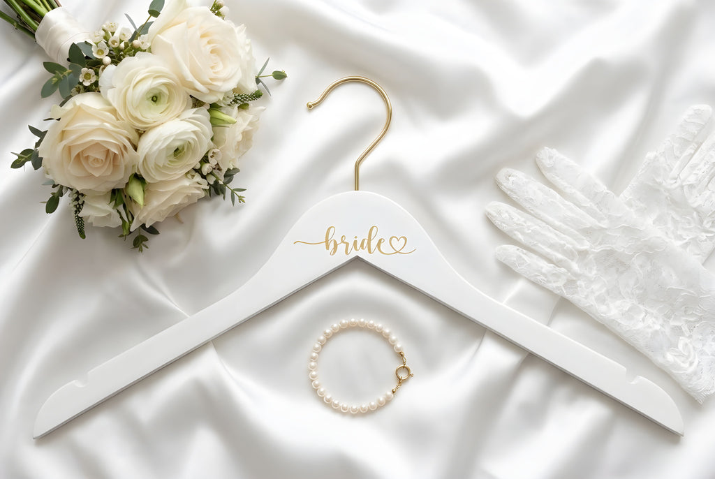 Bride Heart Gold Engraved Hanger, White Hanger with Gold Hook Bride Heart Gold Engraved Hanger, White Hanger with Gold Hook