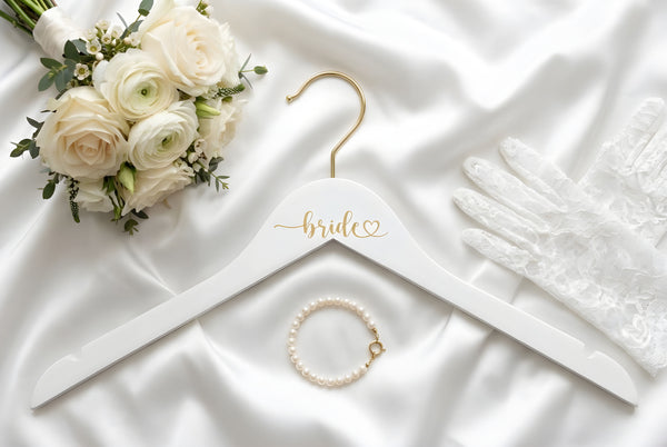 Bride Heart Gold Engraved Hanger, White Hanger with Gold Hook