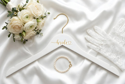 Bride Heart Gold Engraved Hanger, White Hanger with Gold Hook