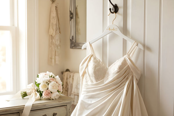 Bride Heart Gold Engraved Hanger, White Hanger with Gold Hook