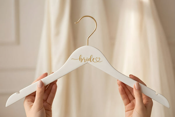 Bride Heart Gold Engraved Hanger, White Hanger with Gold Hook