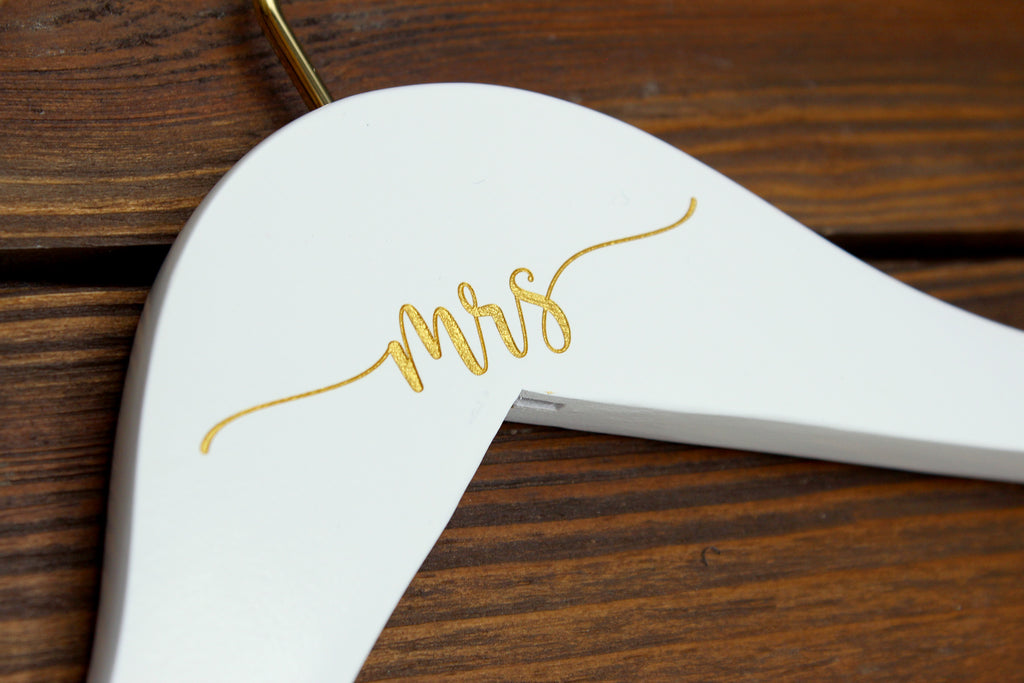Mrs Gold Engraved Hanger, White with Gold Hook Bride and Bow Mrs Gold Engraved Hanger, White with Gold Hook Bride and Bow