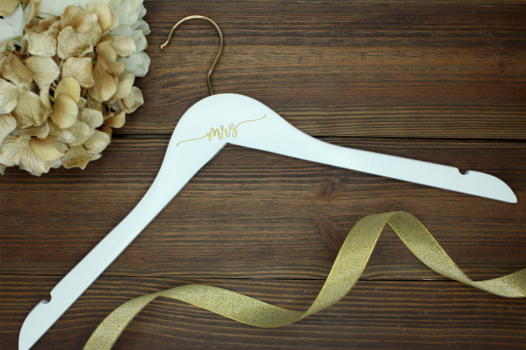 Mrs Gold Engraved Hanger, White with Gold Hook Bride and Bow Mrs Gold Engraved Hanger, White with Gold Hook Bride and Bow